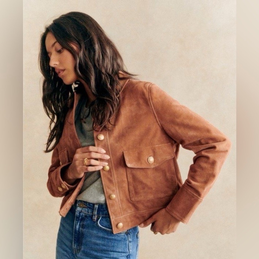 Sézane Terry Jacket Gold Buttoned Camel Suede Goat Leather FR 34 NWT - Picture 13 of 13